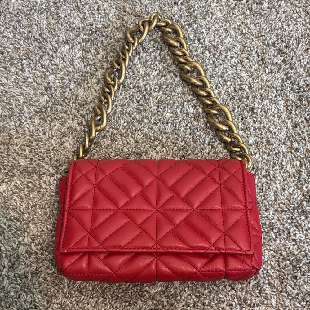 Zara Red Quilted Shoulder Bag with Gold Chain